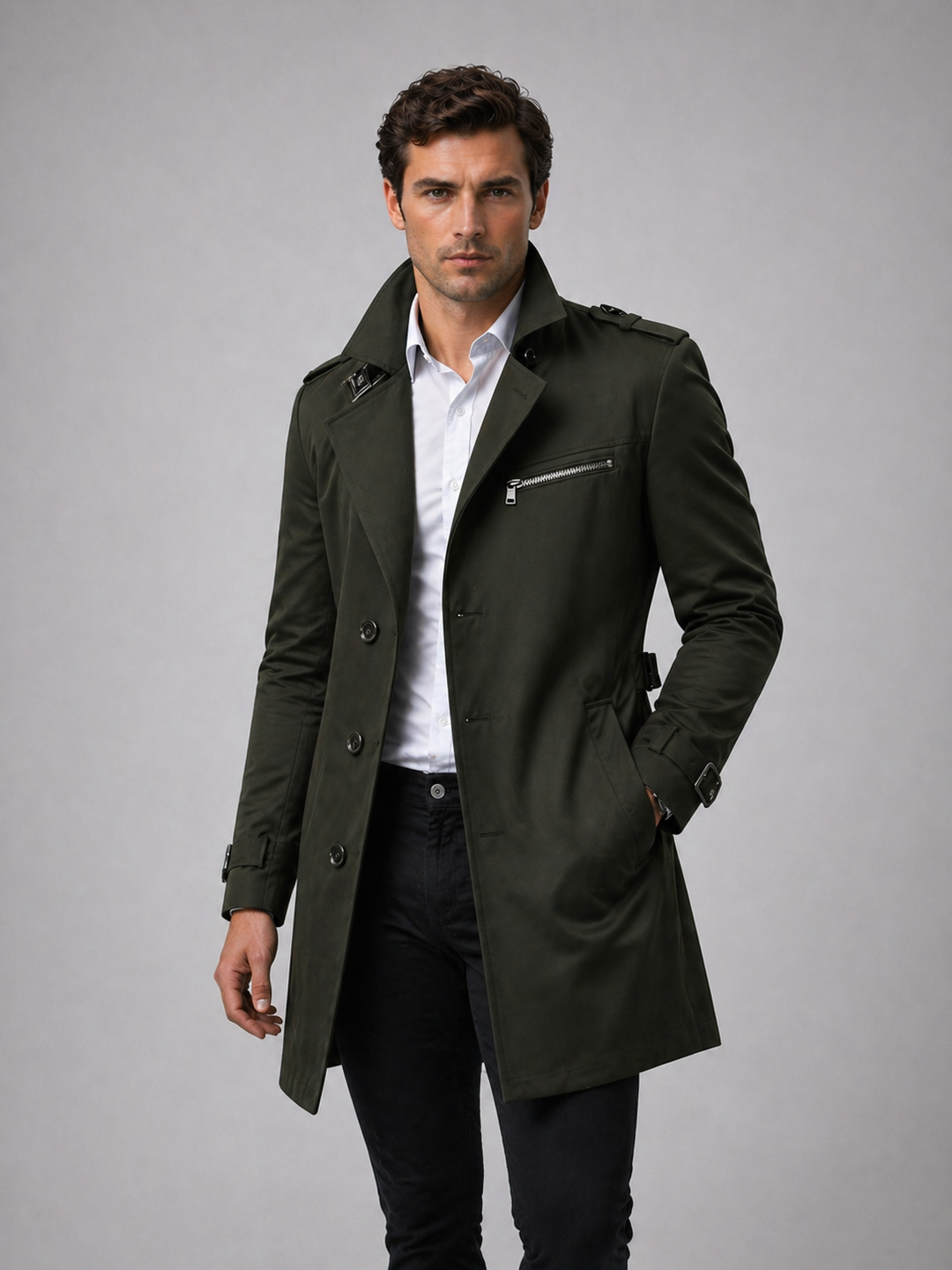Men's Trench Coat with Zip Chest Pocket