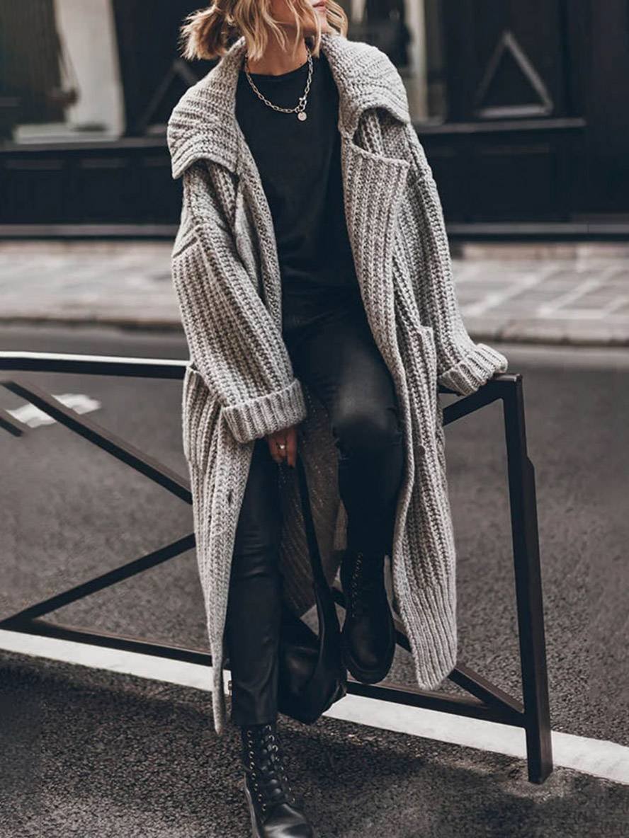 Women's Chunky Rib-Knit Longline Cardigan with Notched Lapel