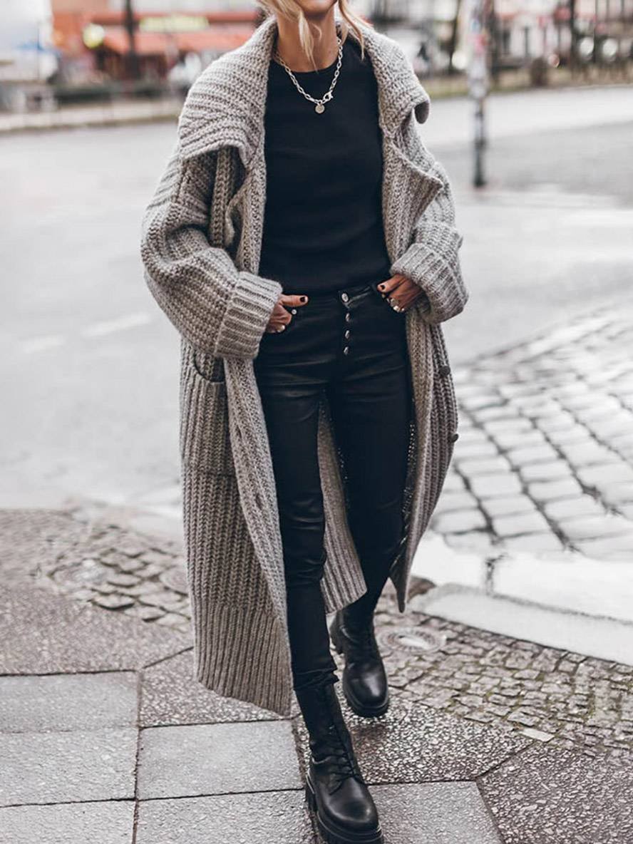 Women's Chunky Rib-Knit Longline Cardigan with Notched Lapel