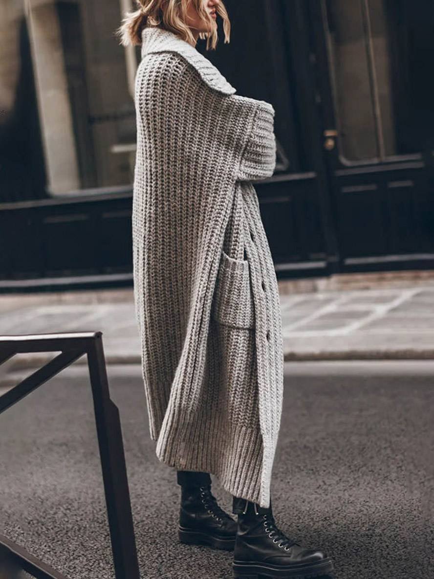 Women's Chunky Rib-Knit Longline Cardigan with Notched Lapel
