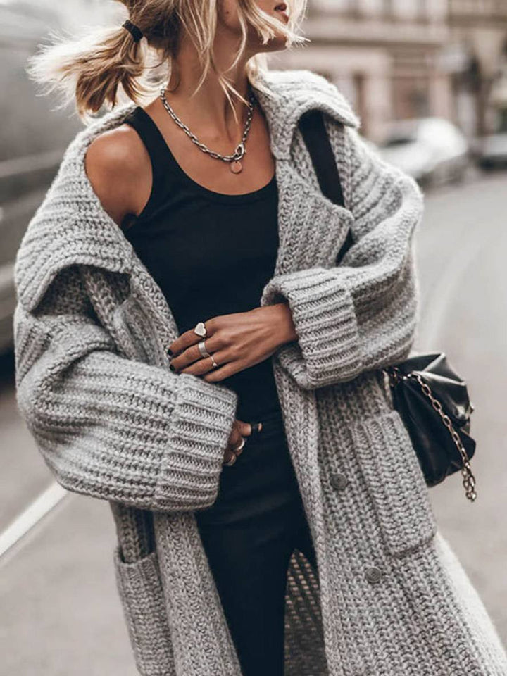 Women's Chunky Rib-Knit Longline Cardigan with Notched Lapel