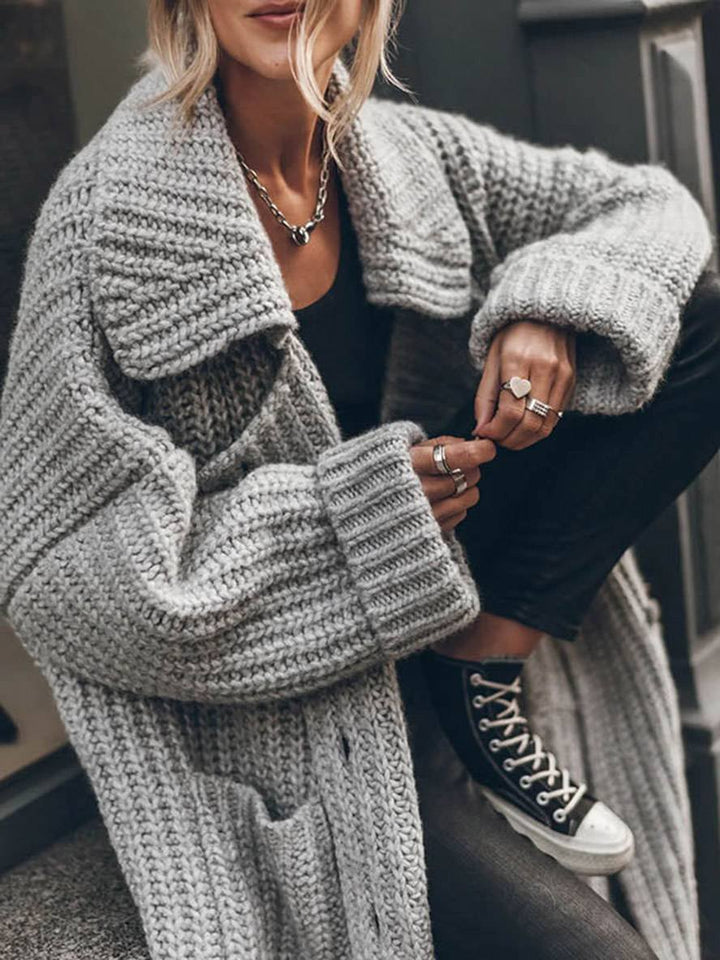 Women's Chunky Rib-Knit Longline Cardigan with Notched Lapel
