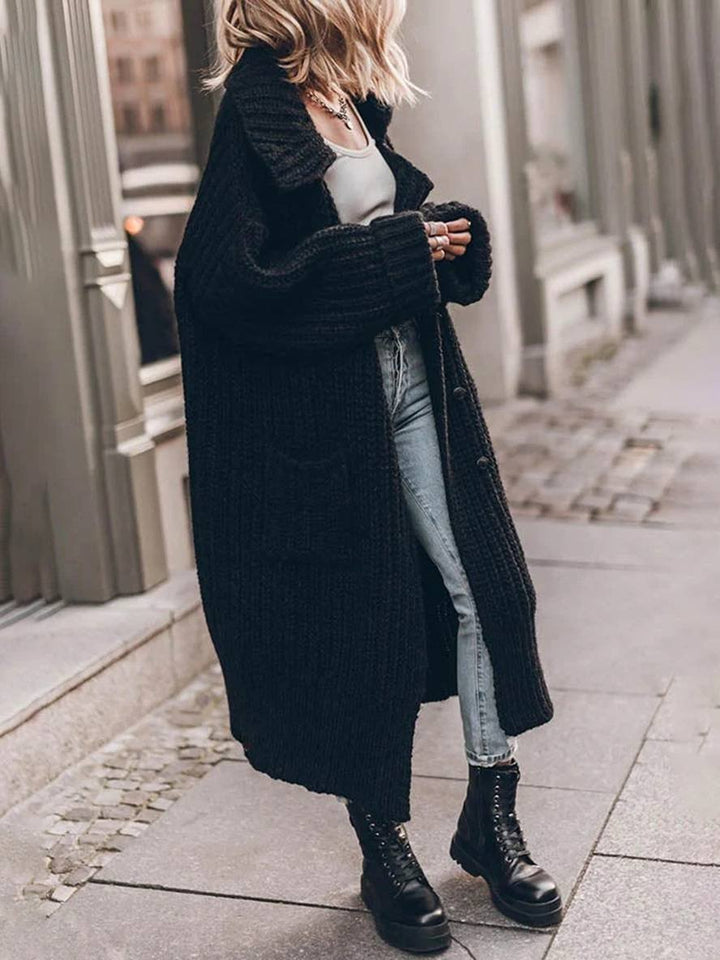 Women's Chunky Rib-Knit Longline Cardigan with Notched Lapel