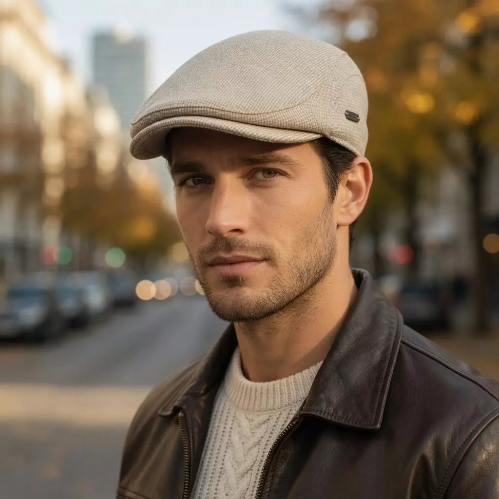Men's Herringbone Flat Cap with Structured Brim