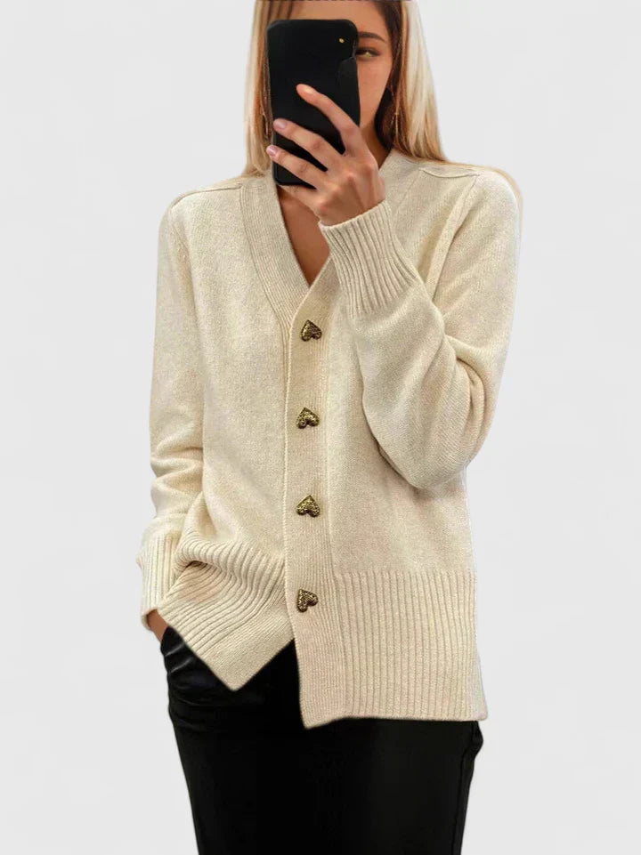 Heart Button V Neck Knit Cardigan