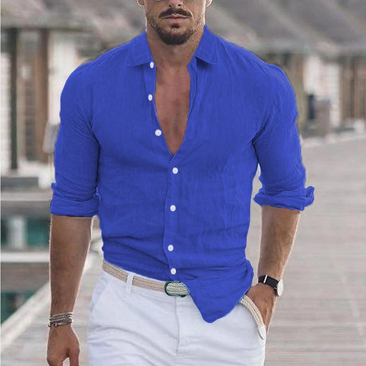 Men's Linen Long-Sleeve Shirt with Point Collar