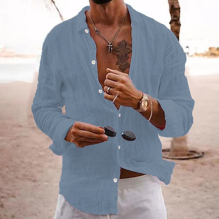 Men's Linen Button-Down Shirt with Spread Collar