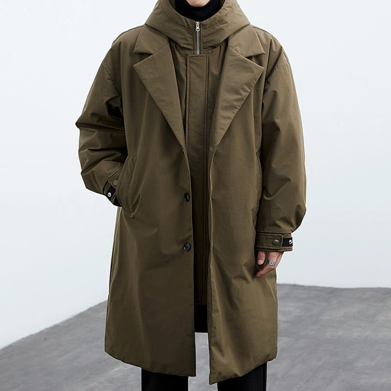 Men's Long Hooded Utility Coat with Button Placket