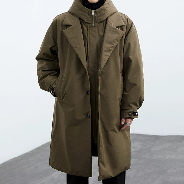 Men's Long Hooded Utility Coat with Button Placket