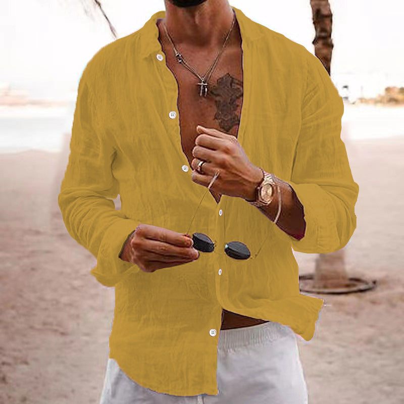 Men's Linen Button-Down Shirt with Spread Collar