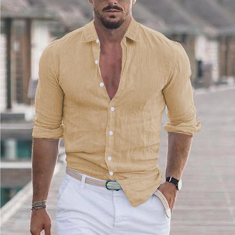 Men's Linen Long-Sleeve Shirt with Point Collar
