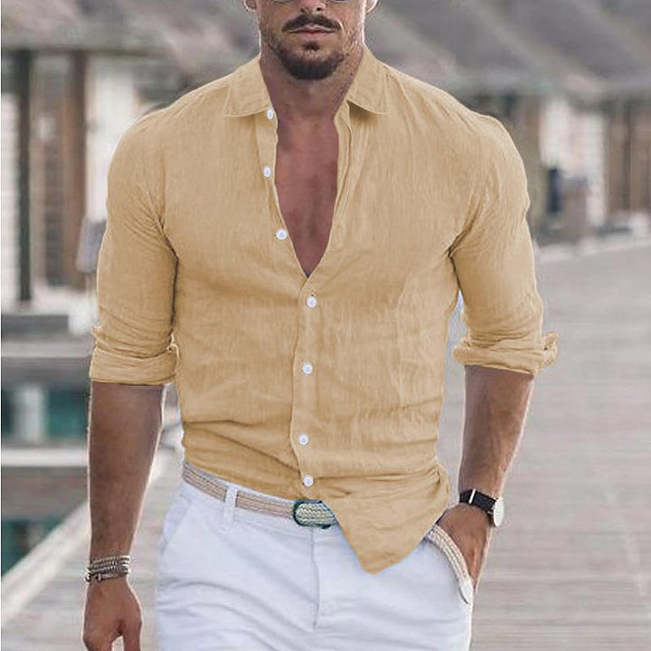 Men's Linen Long-Sleeve Shirt with Point Collar