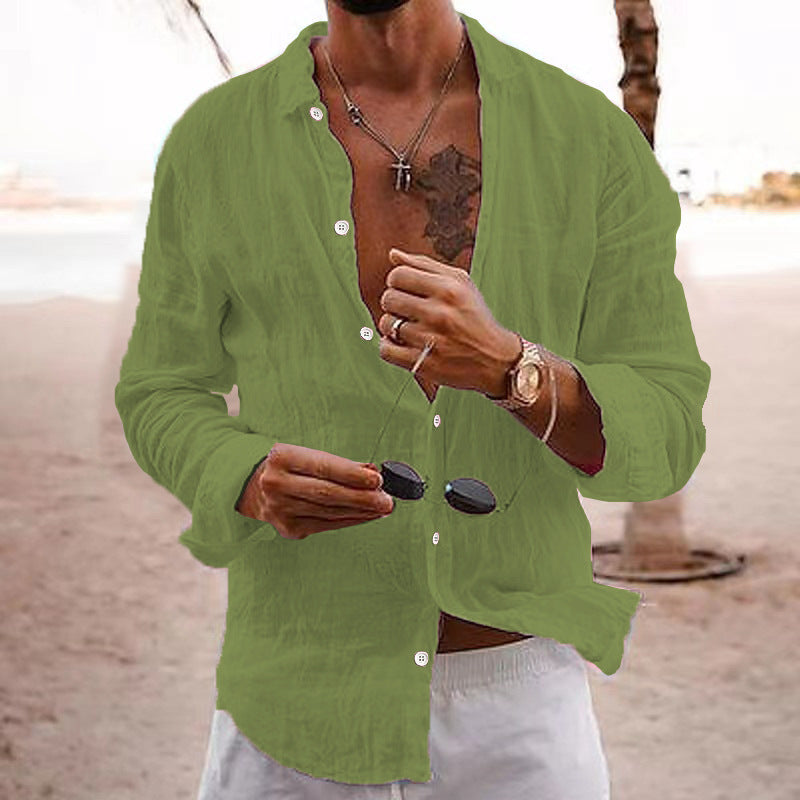 Men's Linen Button-Down Shirt with Spread Collar