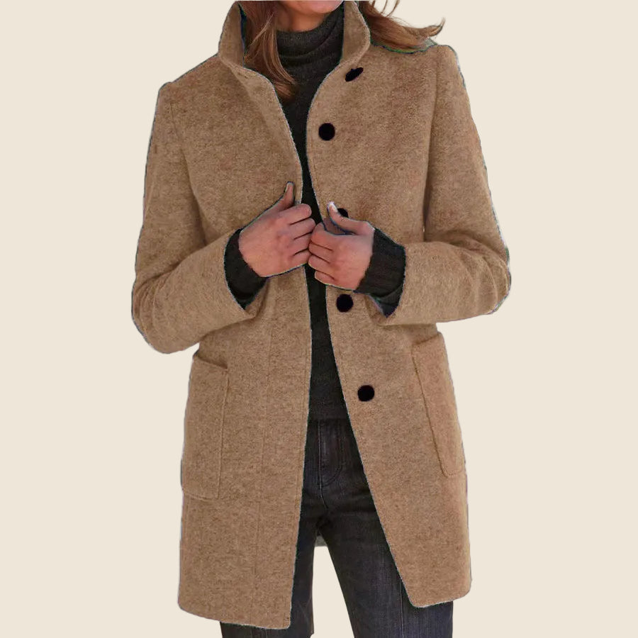 Women's Knee-Length Stand Collar Coat with Button Front