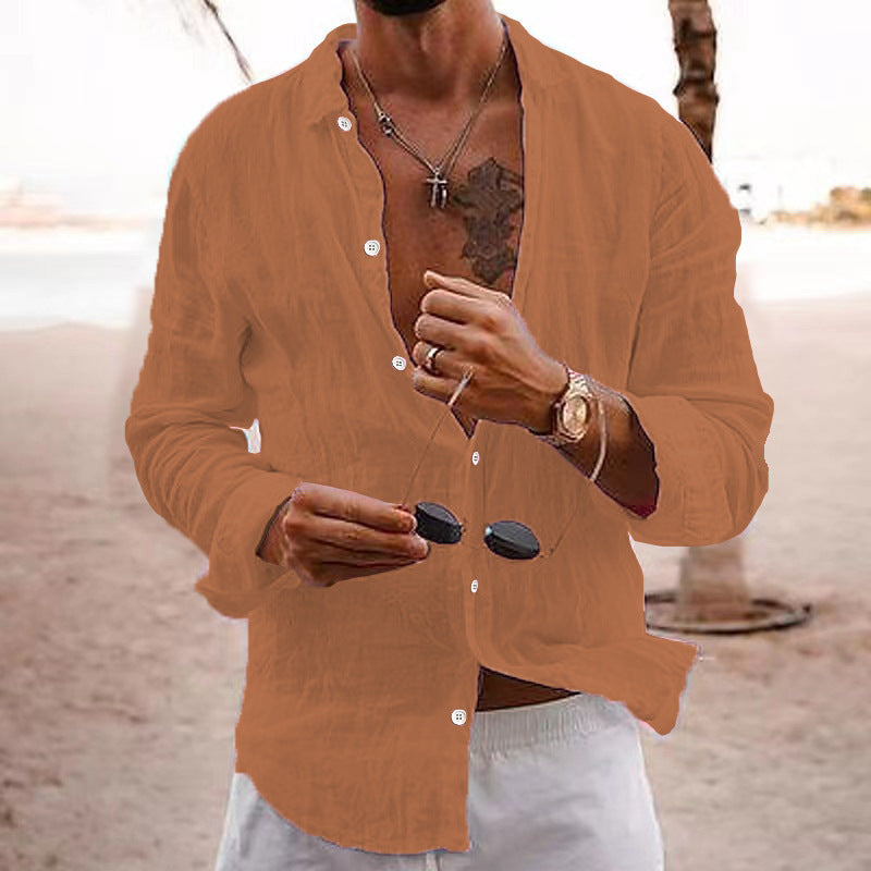 Men's Linen Button-Down Shirt with Spread Collar