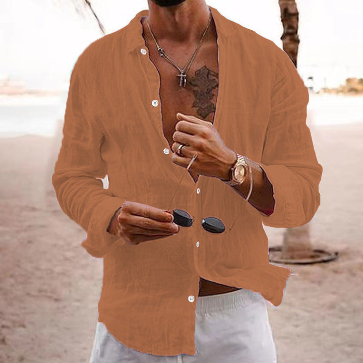 Men's Linen Button-Down Shirt with Spread Collar