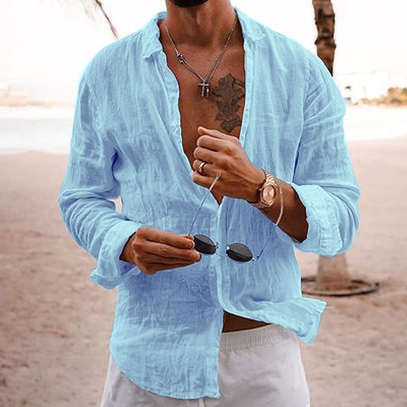Men's Linen Button-Down Shirt with Spread Collar