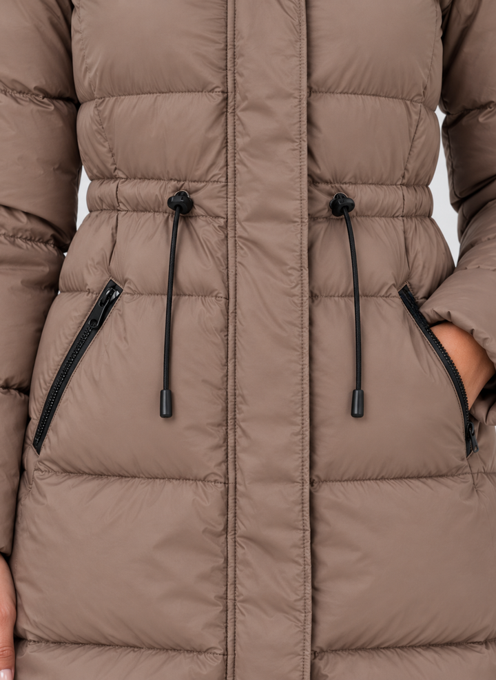 Women's Longline Puffer Coat with Adjustable Drawstring Waist