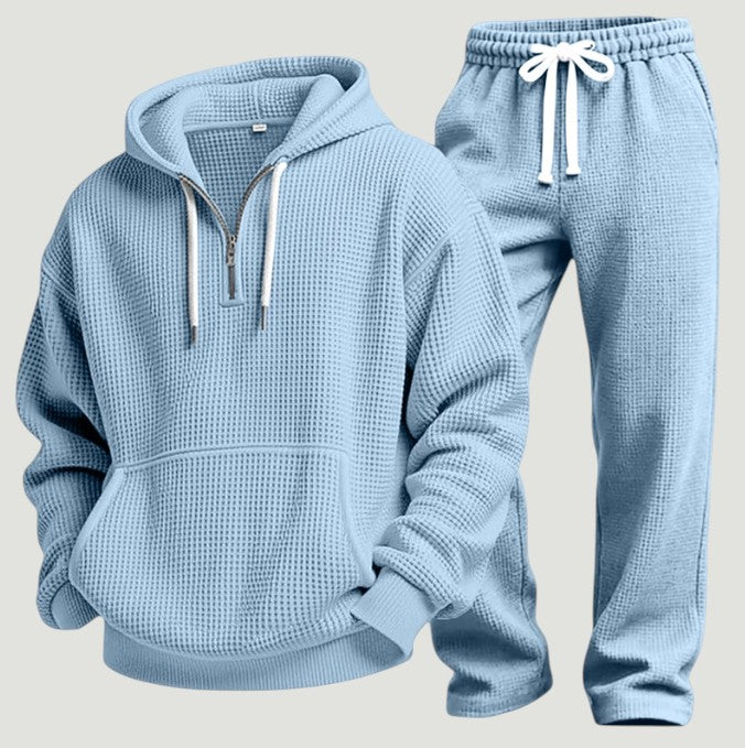 Men's Waffle Knit Half Zip Hoodie and Joggers Set