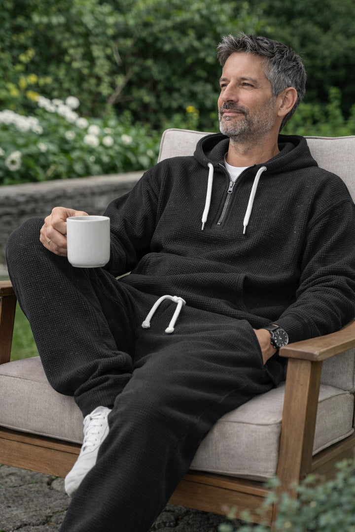 Men's Waffle Knit Half Zip Hoodie and Joggers Set