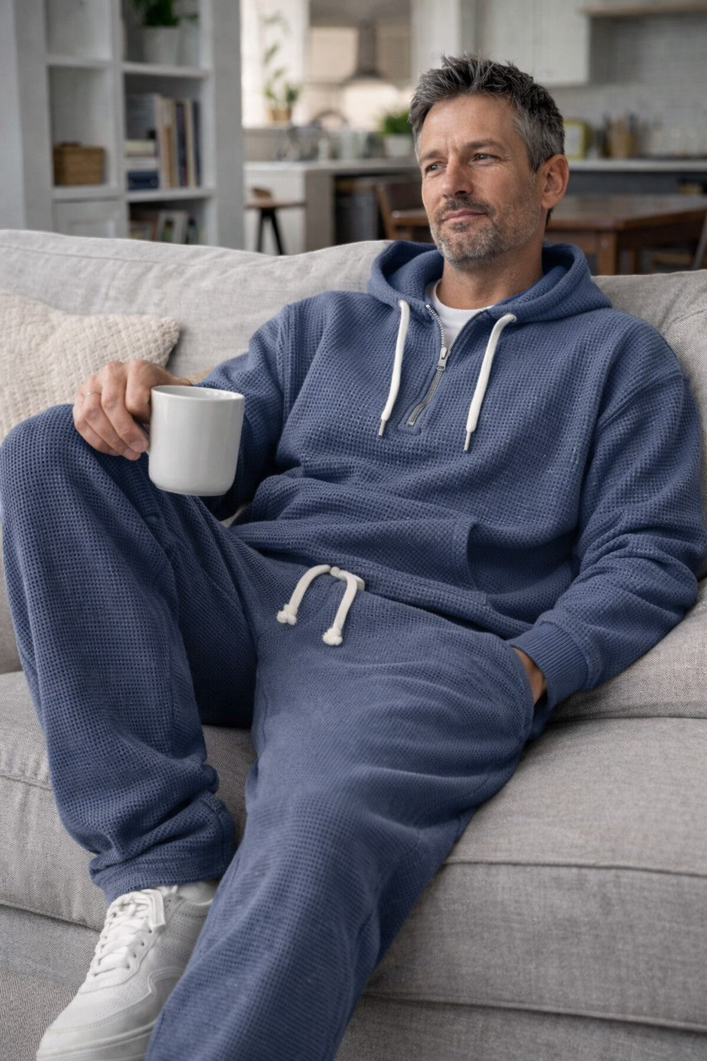 Men's Waffle Knit Half Zip Hoodie and Joggers Set