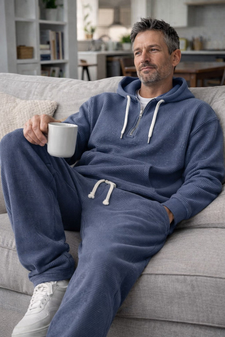 Men's Waffle Knit Half Zip Hoodie and Joggers Set