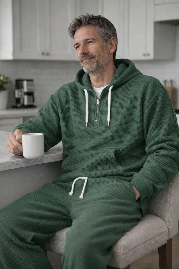 Men's Waffle Knit Half Zip Hoodie and Joggers Set