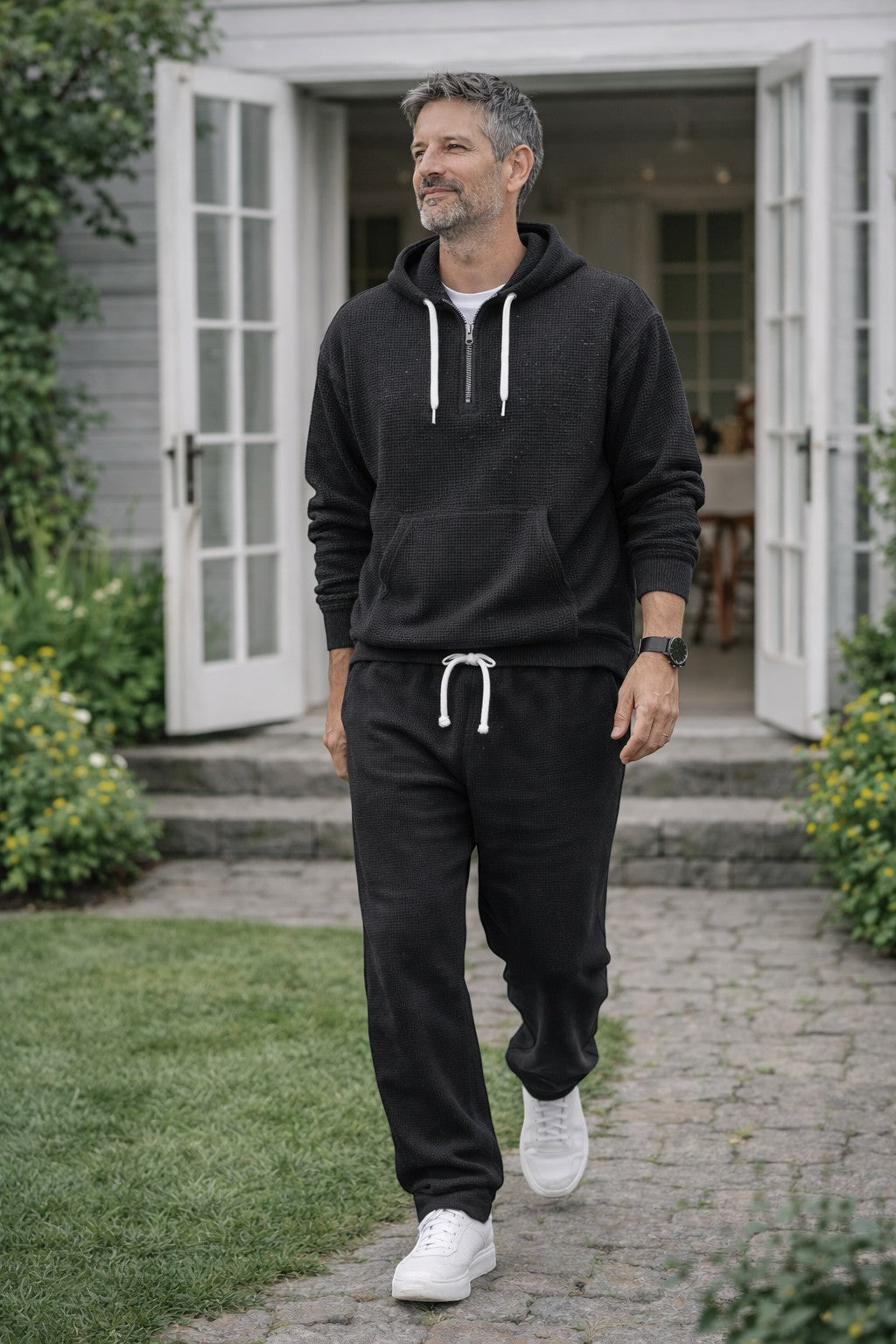 Men's Waffle Knit Half Zip Hoodie and Joggers Set
