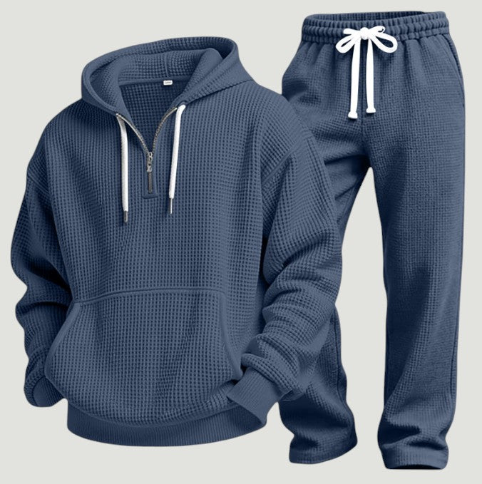 Men's Waffle Knit Half Zip Hoodie and Joggers Set