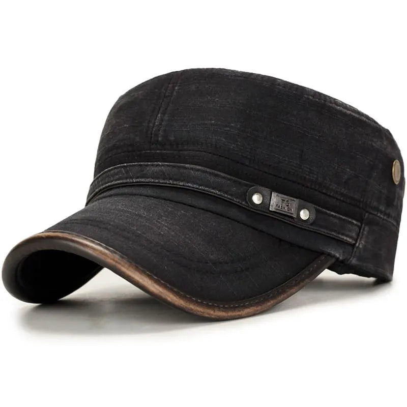 Men's Washed Cotton Cadet Cap with Leather-Look Trim