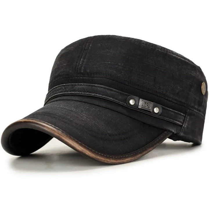 Men's Washed Cotton Cadet Cap with Leather-Look Trim