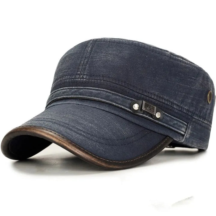 Men's Washed Cotton Cadet Cap with Leather-Look Trim