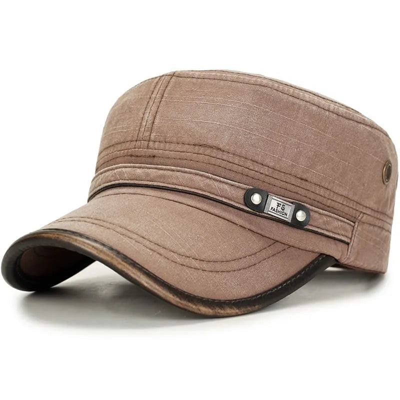 Men's Washed Cotton Cadet Cap with Leather-Look Trim