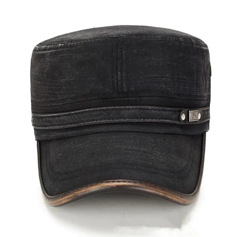 Men's Washed Cotton Cadet Cap with Leather-Look Trim
