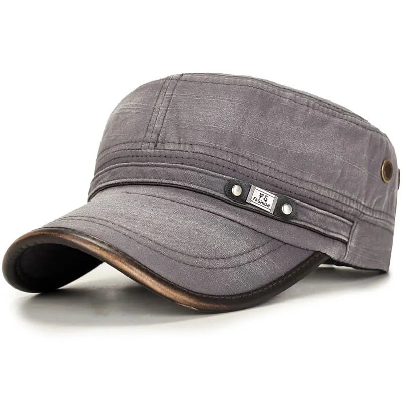 Men's Washed Cotton Cadet Cap with Leather-Look Trim