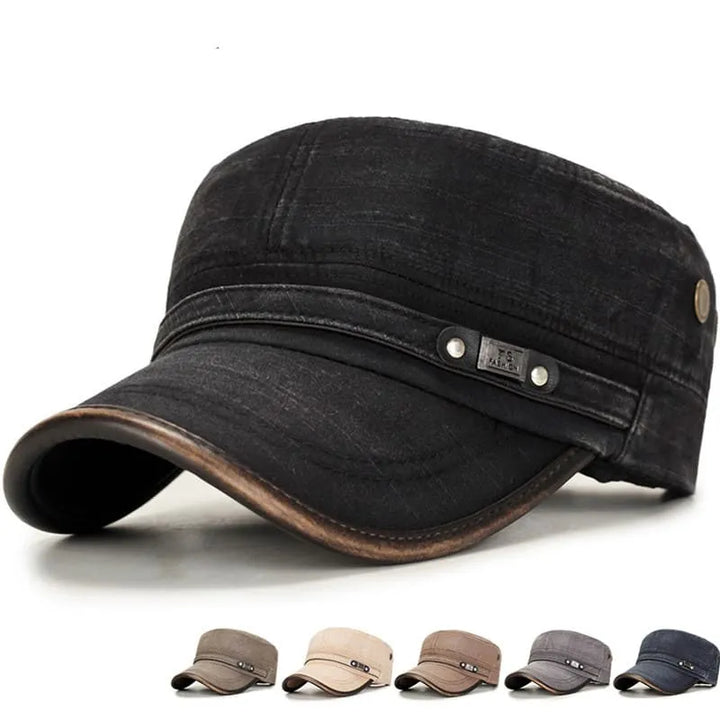Men's Washed Cotton Cadet Cap with Leather-Look Trim