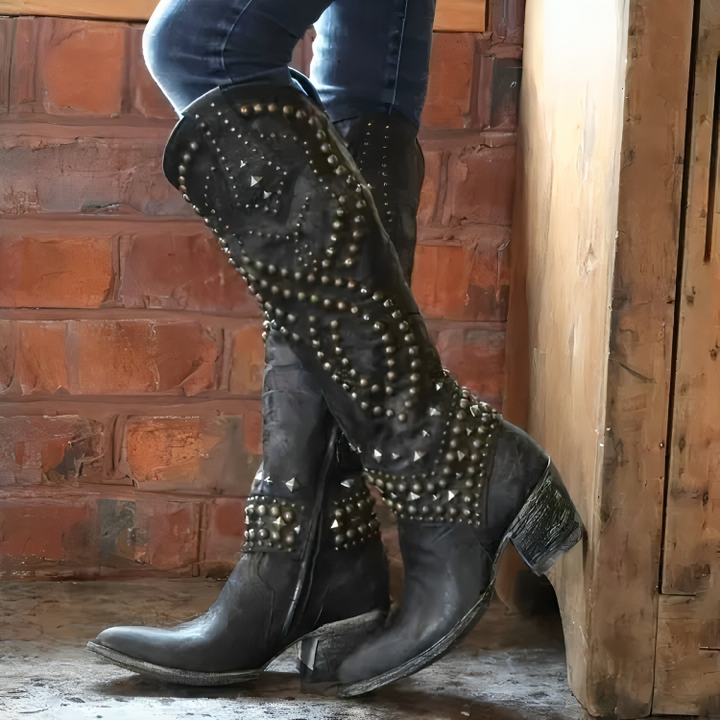 Women's Leather Studded Knee-High Cowgirl Boots