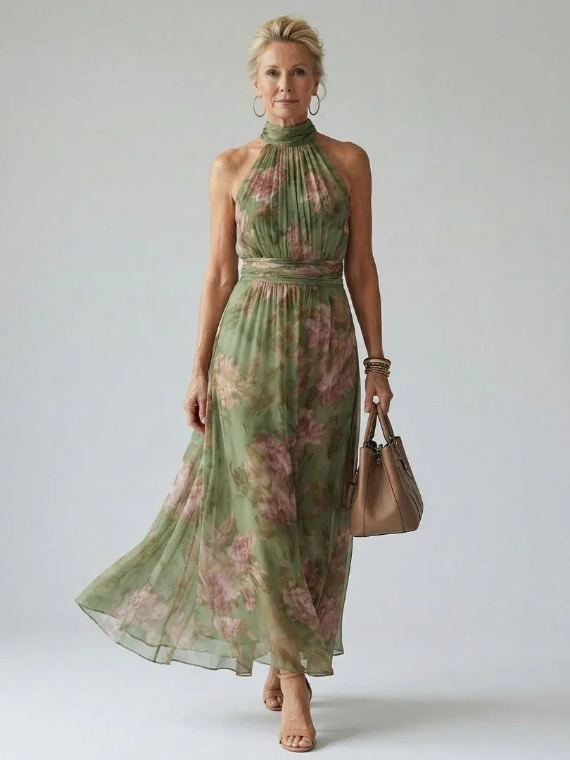 Women's Ruched Floral Halter Maxi Dress