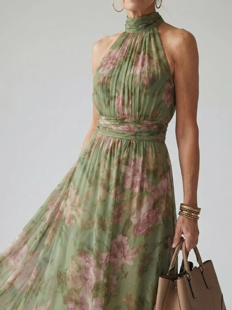 Women's Ruched Floral Halter Maxi Dress