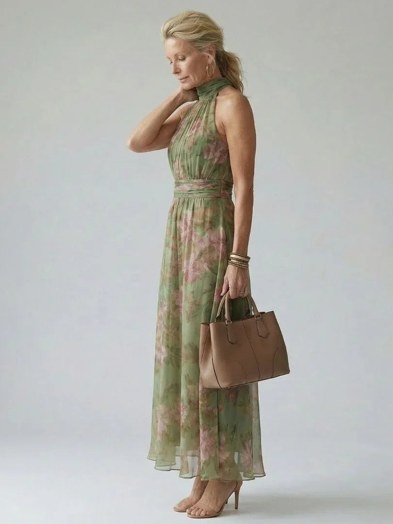Women's Ruched Floral Halter Maxi Dress