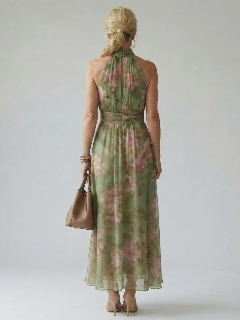 Women's Ruched Floral Halter Maxi Dress
