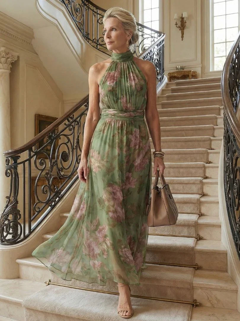 Women's Ruched Floral Halter Maxi Dress