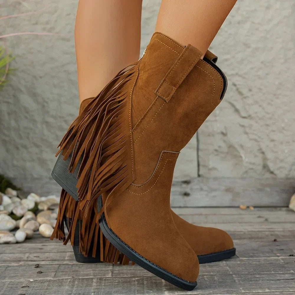 Women's Fringe Calf-High Western Boots with Fold-Over Strap
