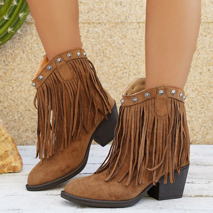 Women's Fringe Calf-High Western Boots with Fold-Over Strap