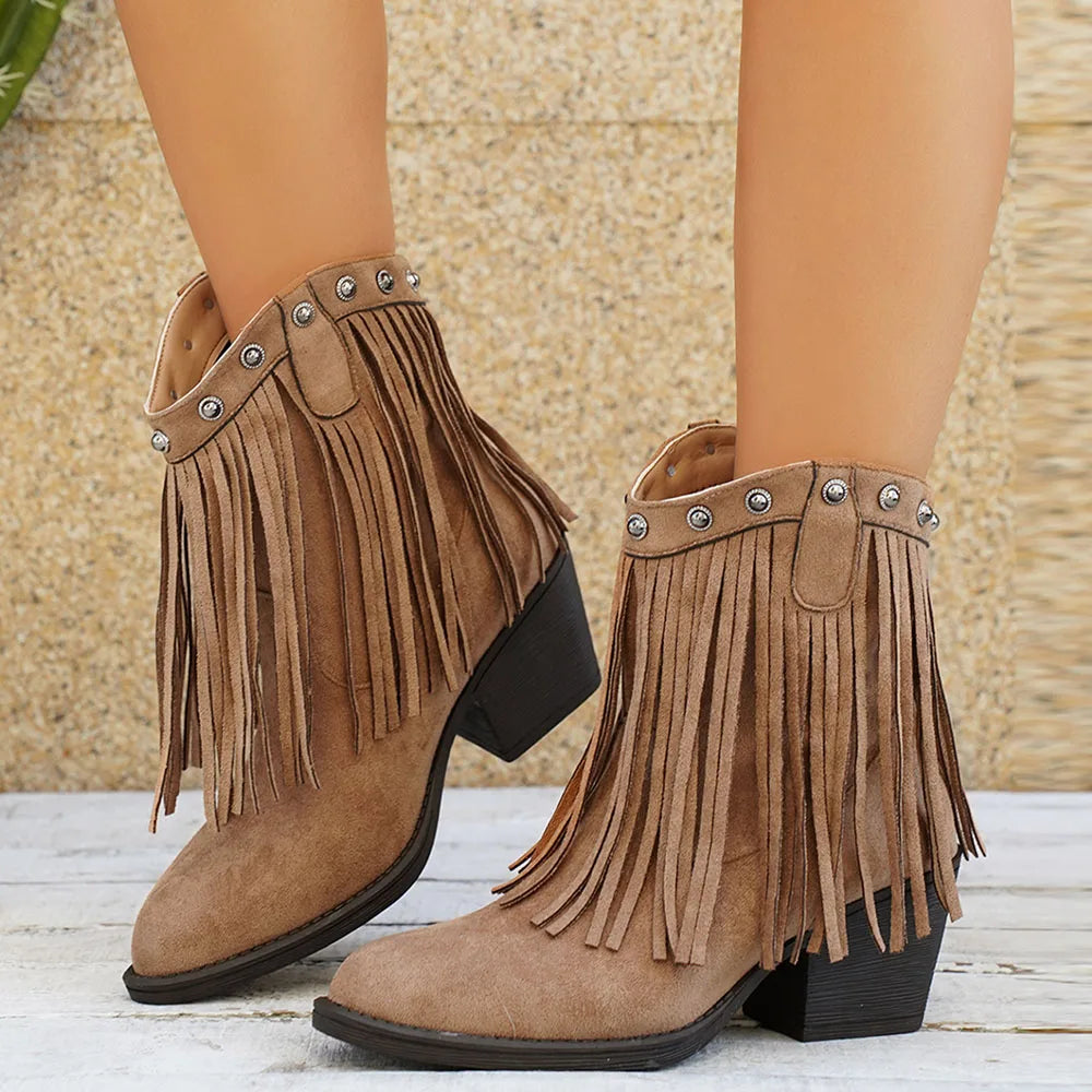 Women's Fringe Calf-High Western Boots with Fold-Over Strap