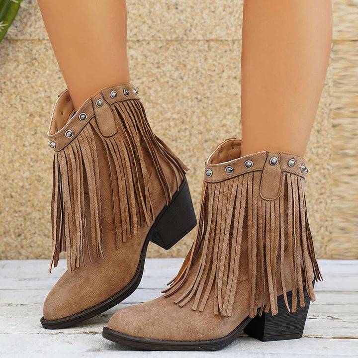 Women's Fringe Calf-High Western Boots with Fold-Over Strap