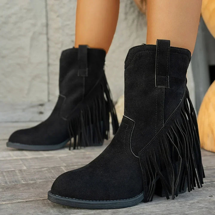 Women's Fringe Calf-High Western Boots with Fold-Over Strap