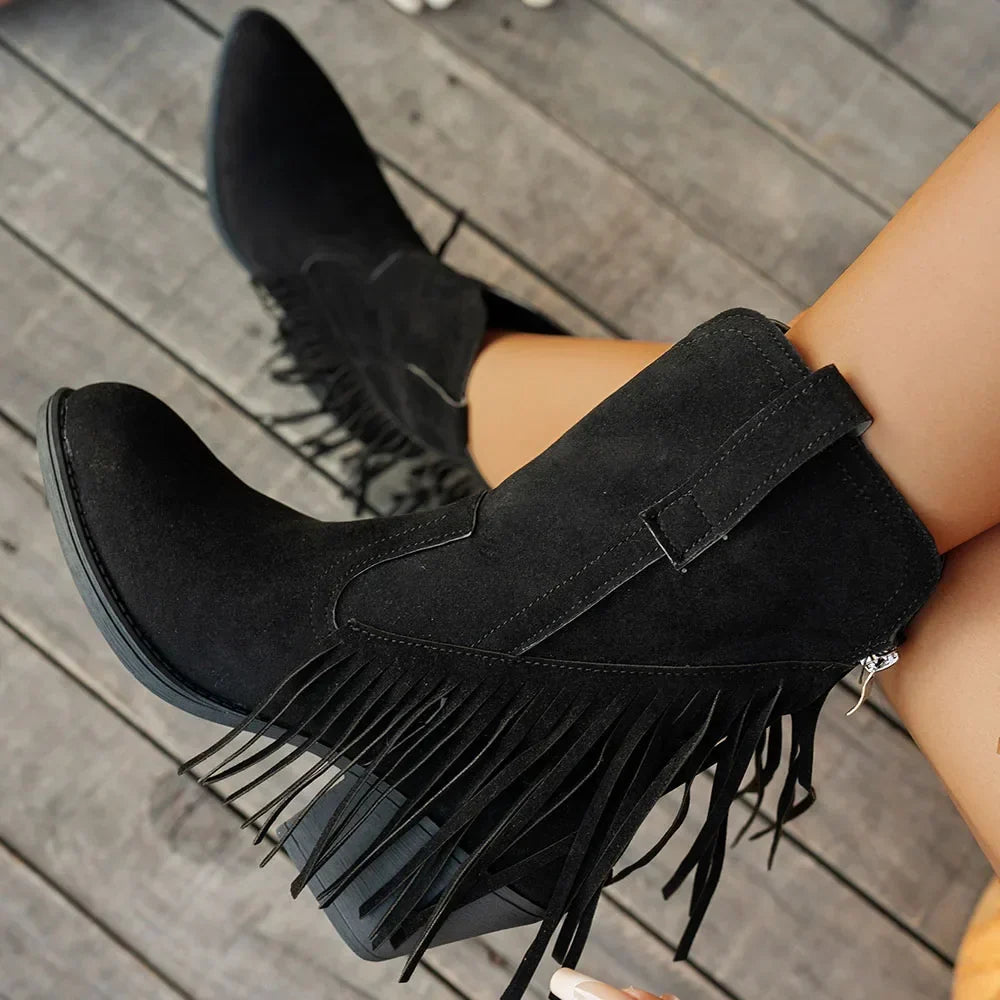 Women's Fringe Calf-High Western Boots with Fold-Over Strap