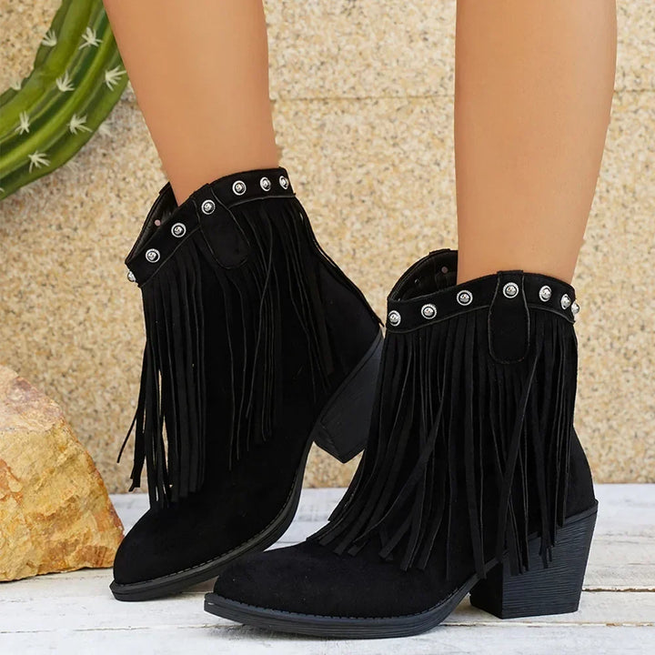 Women's Fringe Calf-High Western Boots with Fold-Over Strap