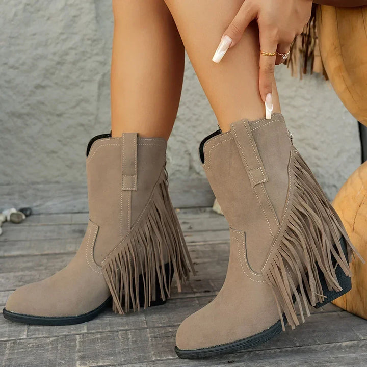 Women's Fringe Calf-High Western Boots with Fold-Over Strap